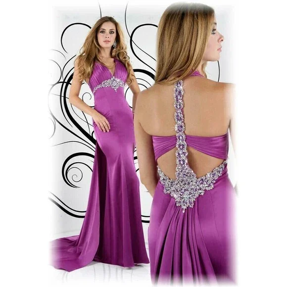 Xcite Satin Fancy Back Prom Dress 30189 Raspberry - Picture 1 of 6